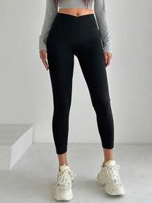 SHEIN EZwear 2件套女士高腰七分紧身裤，休闲秋季女装运动服 - 黑色 - 查看 5