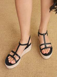 Styleloop Canvas Wedge Lace-Up Sandals, Minimalist Fashion Suitable For Summer - Black - View 2