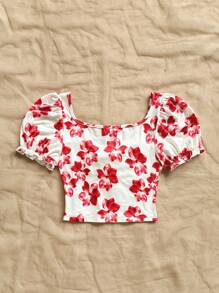 Soleia 女士浪漫印花泡泡袖系带露脐上衣，荷叶边装饰，适合度假穿着。花卉露脐上衣，夏季上衣，红色花卉上衣，白色花卉上衣，飘逸上衣，毛衣上衣，单肩上衣，基础款上衣，外出上衣，T恤 - 彩色 - 查看 2