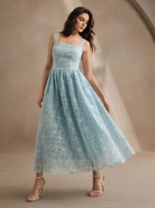 Anewsta 蓝色蕾丝刺绣连衣裙迷你宴会礼服，镂空欧根纱刺绣 - 薄荷藍 - 查看 4
