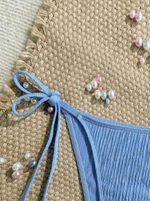 Swim Mod Women Solid Jacquard Fabric Tie Side Shell Decor Sexy Bikini Bottoms - Blue - View 3