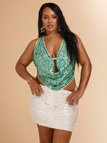 SHEIN BAE Plus Size Women Mint Green Sequin Backless Tie Strap V-Neck Tops,70's Night Out Club Party Summer,Vacation,Music Festival,Brunch,Graduation,Beach,Y2k - Green - View 4