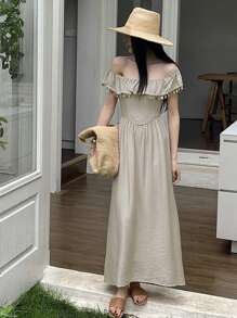DAZY New Summer Women's Long Beach Dress Off Shoulder Top Vacation Maxi Dress Boho - Khaki - View 3
