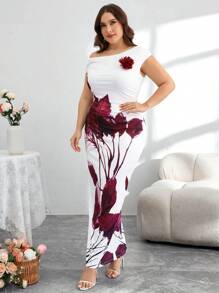 Modelyn Damen Große Größen elegantes 3D-schräge Schulter Top und körperbetonter Rock 1 Stück bedruckter Strickkombi 2 Teile Set - Rot-Weiß - Übersicht 5