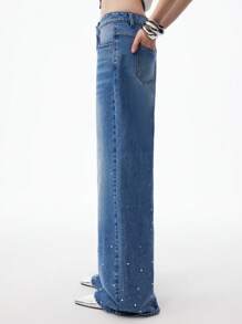 LYSMO Women Casual Acid Wash Rhinestone Decor Low Rise Flare Jeans - Blue - View 5