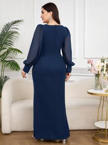 Modelyn Plus Size Elegant Solid Asymmetric Neckline Long Sleeve Sequin High Slit Dress - Navy Blue - View 2