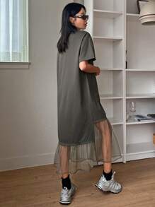 DAZY Đầm thun tay ngắn cổ tròn rộng rãi phối lưới cho nữ mùa hè, Đầm thường ngày cho nữ - Màu xám đen - Xem 3
