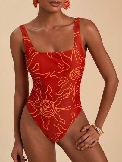 Travachic 1 pieza Traje de baño de una pieza de escote cuadrado con estampado de líneas abstractas y estrellas en todo el diseño, adecuado para la playa en verano, atuendos de verano para mujer, trajes de baño para mujer