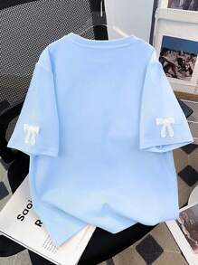 SHEIN Oversized Loose Fit Drop Shoulder Round Neck T-Shirt For Women With Handcrafted Beaded Bowknot Detail - Baby Blue - View 2