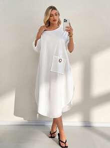 SHEIN Essnce Plus Size Solid Color Round Neck Minimalist Dress, Fashionable For Summer - White - View 4