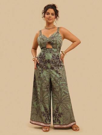 Travachic Große Größen Jumpsuit mit Allover-Muster und Kreuzwickel-Ausschnitt