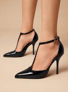 SHUZIA 最热门的黑色PU女士春夏露跟T型带中跟性感尖头舒适办公室休闲鞋