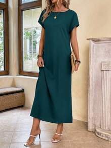 EMERY ROSE Women's Solid Color Batwing Sleeve Long Casual Dress For Vacation - Dark Green - View 4
