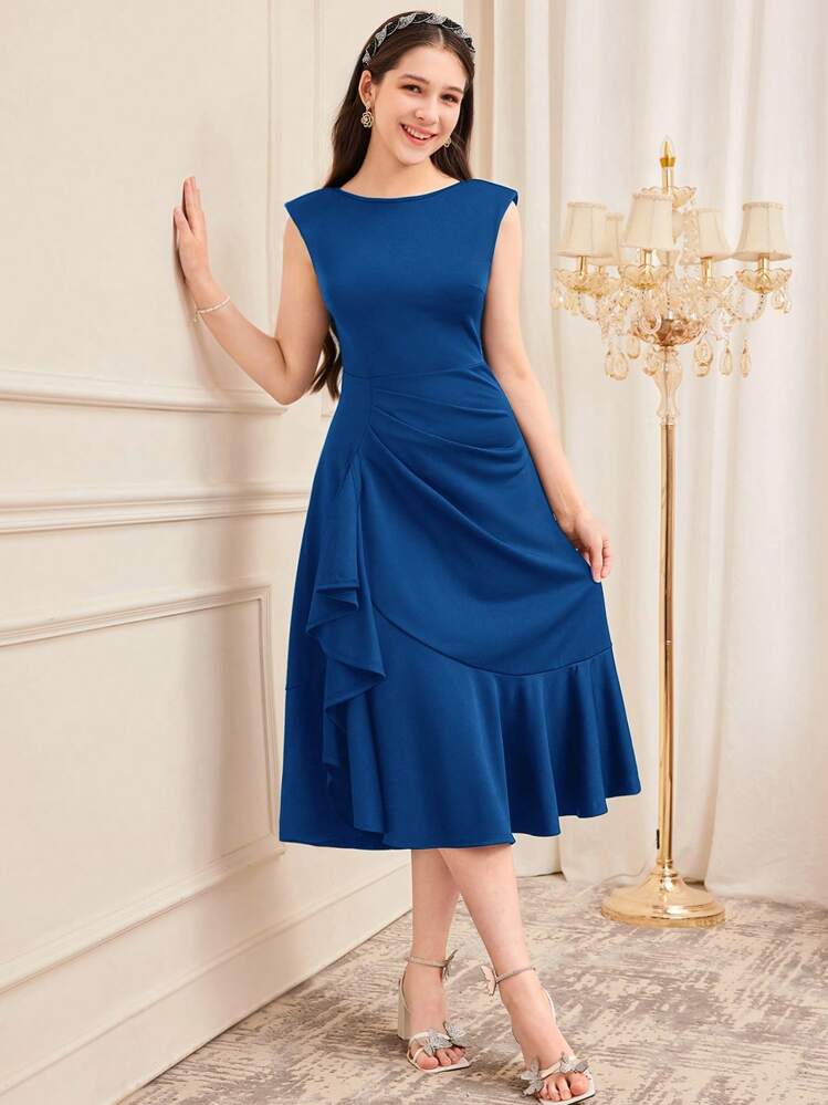 SHEIN فستان طويل أنيق ذو تصميم متماسك بدون أكمام وبتطريز دانتيل وكشكشة للبنات المراهقات، مناسب للسهرات والمناسبات العائلية المميزة وحفلات الخطوبة - الأزرق - مشاهدة 3