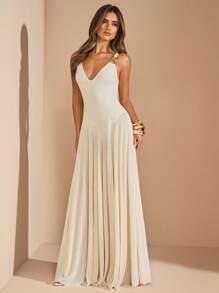 SHEIN BAE Vestido sin mangas en beige con falda de malla acampanada y fluida, vestido largo de tul transparente, vestido largo para vacaciones en la playa, vestido elegante para primavera/verano - Albaricoque - Ver 6