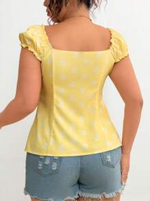 Flirla Plus Size Lightweight U-Neck Cinched Waist Shirt, Fashionable For Summer - Yellow - View 2