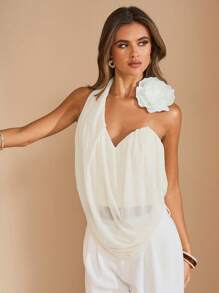 SHEIN BAE 女士优雅杏色针织单肩不对称领口上衣，饰有花卉图案，情人节 - 杏色 - 查看 5