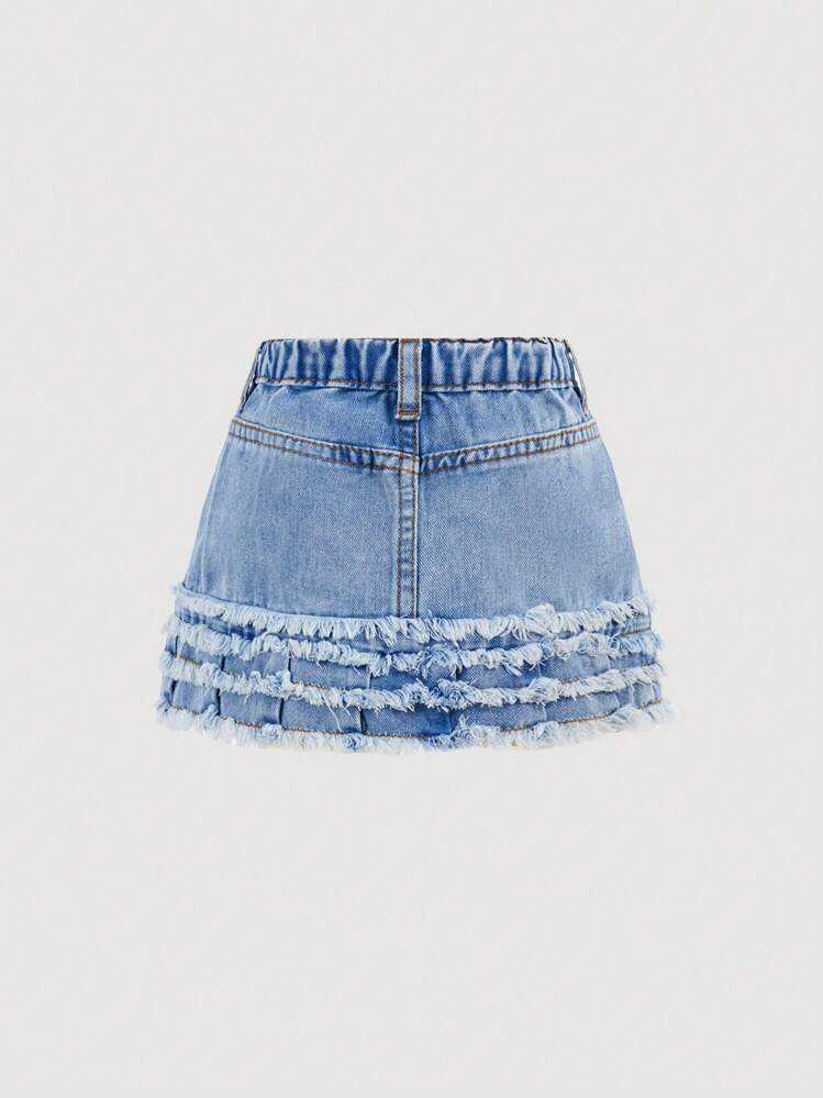 Falda vaquera de línea A con detalle de flecos y decoración de mariposa para niña, estilo informal de verano - Lavado ligero - Añade 2