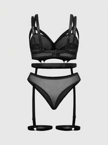 ROMWE Goth Conjunto de lencería sexy de sujetador con aro de malla transparente, tanga y liguero en talla grande con estilo gótico