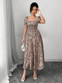 Elenzga Đầm Maxi Tay Ngắn Cổ Vuông Xếp Ly Cho Nữ, Có Họa Tiết Hoa Nhỏ, Phù Hợp Mặc Hàng Ngày Thường Ngày, Đi Làm, Du Lịch, Bãi Biển, Boho, Phương Tây, Lễ Hội Âm Nhạc, Phong Cách Đồng Quê - Màu nâu  Mocha - Xem 5