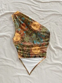 Soleia 夏季度假风格绿色复古金色太阳佩斯利图案女式斜肩不对称下摆短款上衣 - 彩色 - 查看 2