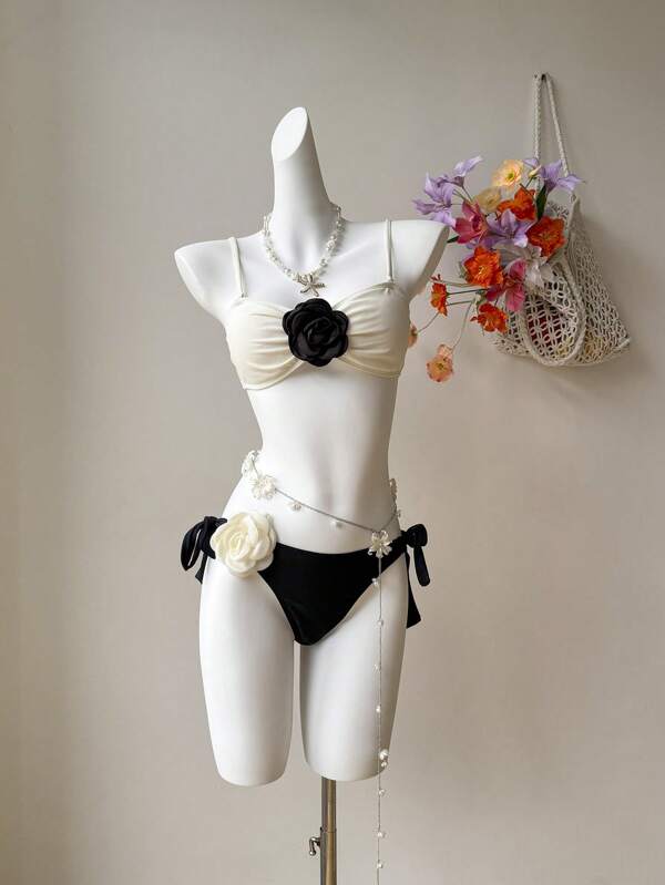 Comfortcana Women's Summer Vacation Contrast Color 3D Flower Decoration Bikini Set, Beach Wear, Sexy Vacation Wear, Cute, Kawaii