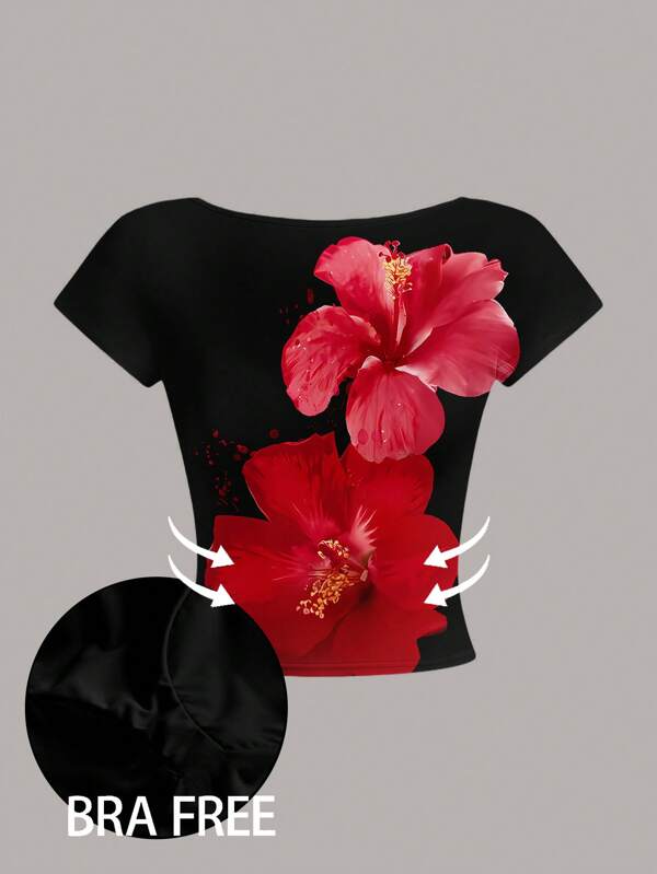 SHEIN Women's Backless Form-Fitting Floral Print Short Sleeve T-Shirt, Suitable For Summer, With Chest Pads, Great Backless Design, Hawaiian Floral Print,Springbreak,Coconutgirl,Girl Trip,Music Festival, Built-In Bra