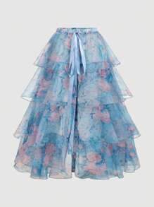 SHEIN MOD Plus Size Romantic Floral French Style Dress, Party/Evening Gown,Birthday Dresses For Women,Corset Dress For Women.Dreamy Blue Floral Ruffled Mesh Short Dress For Women Sweetheart Neck Tie Bow Details Layered Skirt Design,Spring/Summer Outfits, Valentine's Day Outfits - Blue - View 5