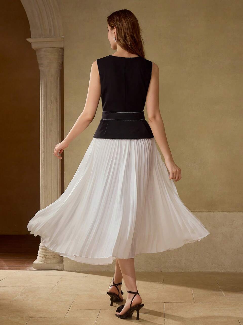 PLEATED COLORBLOCK BELTED DRESS