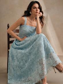 Anewsta 蓝色蕾丝刺绣连衣裙迷你宴会礼服，镂空欧根纱刺绣 - 薄荷藍 - 查看 5