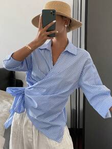 Livesso 女士修身长袖条纹斜领系带优雅休闲夏季度假衬衫 - 藍色 - 查看 1