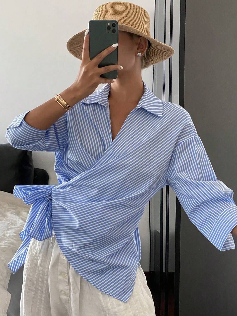 Livesso 女士修身长袖条纹斜领系带优雅休闲夏季度假衬衫 - 藍色 - 查看 1