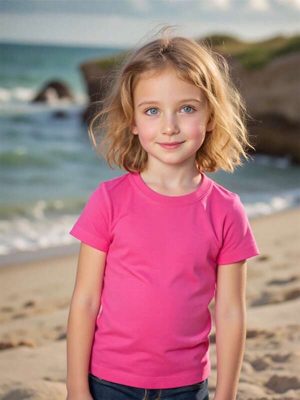 Girls' Basic Crew Neck Short Sleeve T-Shirt, Rose Red Solid Color