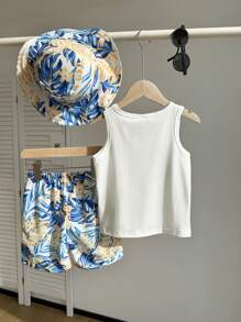 SHEIN Bộ 2 món trẻ em trai thường ngày cây dừa, kính râm in logo áo ba lỗ không tay và quần short in hình cây nhiệt đới toàn thân có mũ, thích hợp mặc hàng ngày, đi nghỉ, thể thao, ngoài trời, mùa hè - Xanh và trắng - Xem 2