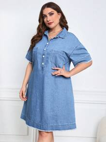 EMERY ROSE Plus Half Button Raw Hem Denim Dress - Medium Wash - View 4