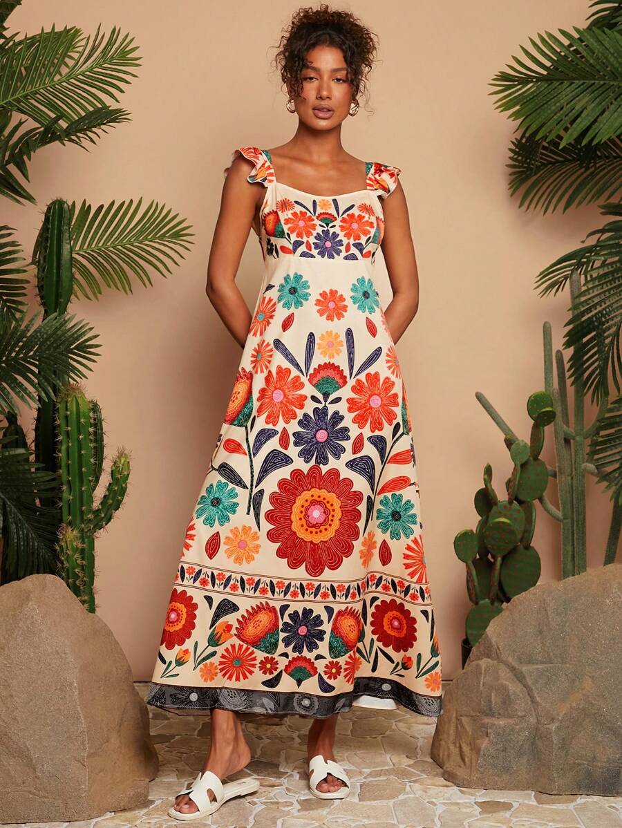 Travachic 女式花卉印花荷叶袖度假长裙 - 藕粉色 - 查看 1