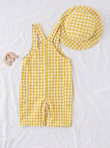 Vintaside Kids Bộ quần yếm vải gingham và mũ phù hợp cho bé trai màu trắng/xanh lá, phong cách đồng quê, thời trang đa năng cho hoạt động ngoài trời, trang phục thường ngày, tập thể dục hàng ngày, mùa xuân/hè - Màu vàng - Xem 2