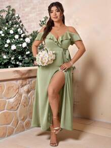 Cravure Frühlings- und Sommer-Maxikleid in Große Größen, elegant mit Off-Shoulder gewickelter, gebundener Optik für Hochzeiten - Minzgrün - Übersicht 1