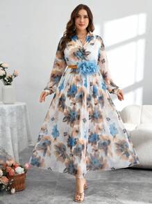 Modelyn 女式加大码优雅花卉印花网眼中长连衣裙 - 彩色 - 查看 1