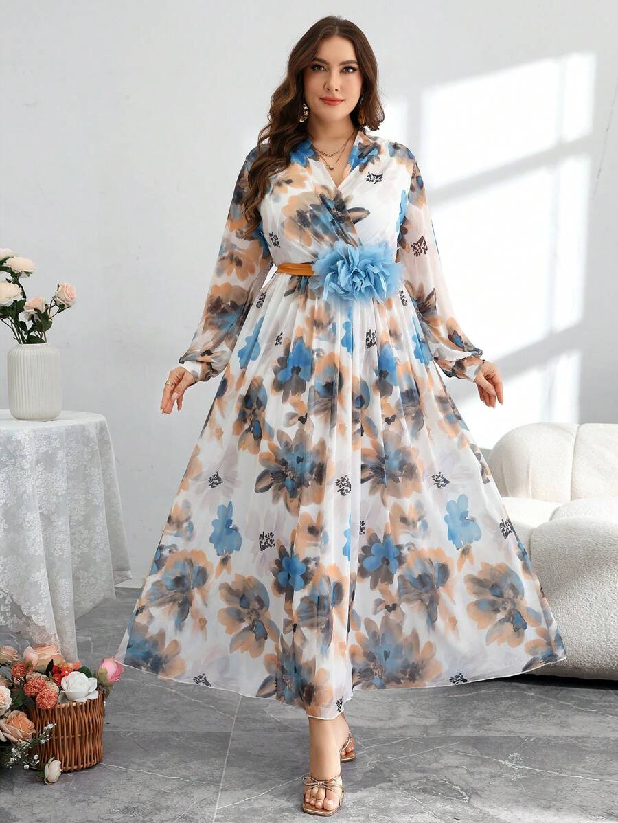 Modelyn 女式加大码优雅花卉印花网眼中长连衣裙 - 彩色 - 查看 1