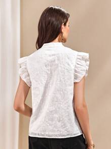 Almamuse Women's Casual Versatile Elegant Solid Color Notched Neck Summer Ruffle Hem Shirt - White - View 2