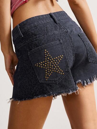 Bohemela Shorts de jean desgastados y lavados con bolsillo con bordes tejidos y cuentas