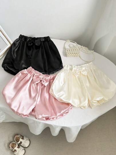 SHEIN 3pcs/Set Girls' Delicate Crystal Satin Cute Bow Elastic Waist Ruched Lantern Shorts, Children Lantern Pants, Lovely Dance Shorts For Girls, Great Gift