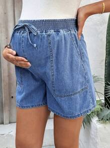 SHEIN 孕妇打结口袋宽松蓝色牛仔短裤，夏季 - 深色水洗藍 - 查看 6