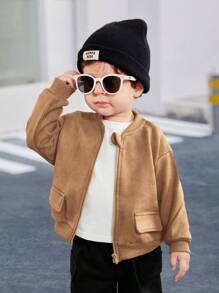 SHEIN Jaket Baseball Bayi Laki-laki, Saku Tempel Kasual, Kain Bertekstur Suede Lembut, Pakaian Luar Nyaman untuk Aktivitas Luar Ruangan, Musim Gugur/Musim Dingin - Coklat - View 9