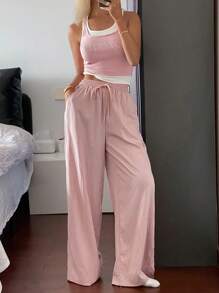 DAZY 女士二合一水钻字母无袖上衣和阔腿裤睡衣套装