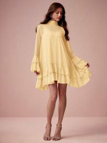 Enchnt Women's Solid Color Layered Stand Collar Elegant Long Sleeve Dress - Yellow - View 7