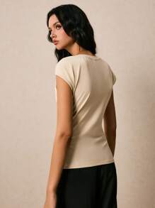 Poéselle Women's Summer Solid Color Ruched Slim Fit Fashion T-Shirt - Apricot - View 2
