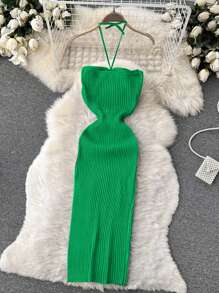 INAWLY 女士性感纯色镂空侧开衩露背吊带针织连衣裙，夏季 - 綠色 - 查看 2