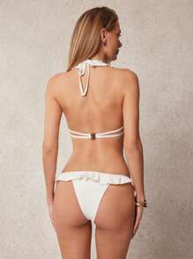 L'Amorae Bottom de bikini elegante y romántico con detalles plisados y volantes en los tirantes para vacaciones - Blanco - Ver 5